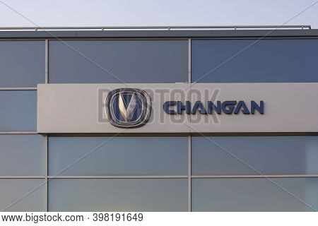 Belarus, Minsk-11/09/2020: Changan Logo On The Building Facade. Stock Photo