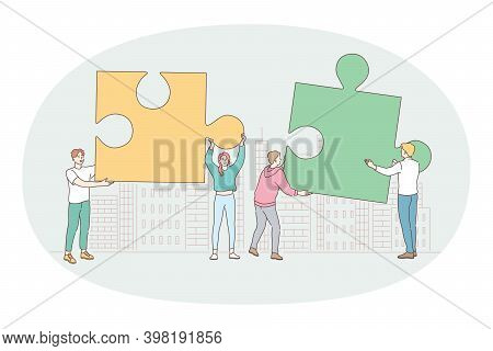 Teamwork, Cooperation, Partnership Concept. Group Of Young Business People Office Workers Partners C