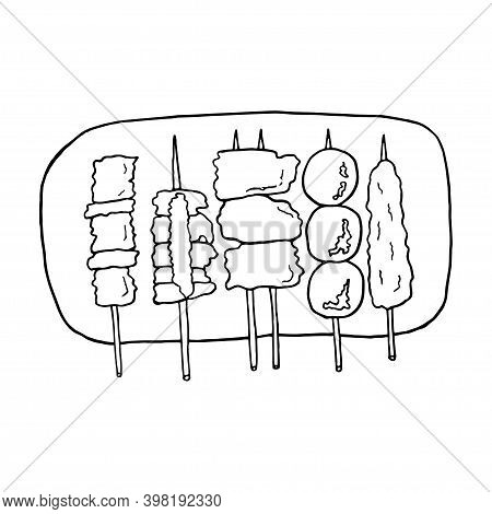 Vector Hand Drawn Doodle Yakitori. Japanese Barbecue. Design Sketch Element For Menu Cafe, Restauran