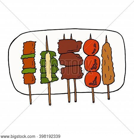 Vector Hand Drawn Doodle Yakitori. Japanese Barbecue. Design Sketch Element For Menu Cafe, Restauran