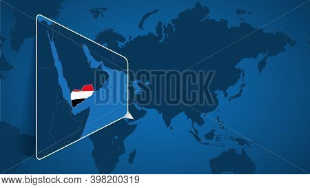 Location Of Yemen On The World Map With Enlarged Map Of Yemen With Flag. Geographical Vector Templat