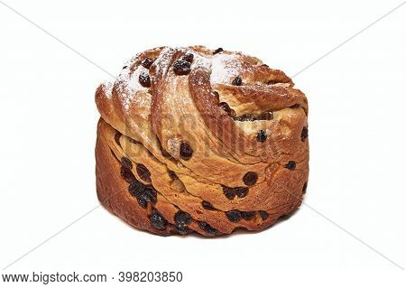 Christmas Panettone With Raisins, Sprinkled With Powdered Sugar. Craffin Isolated On White Backgroun