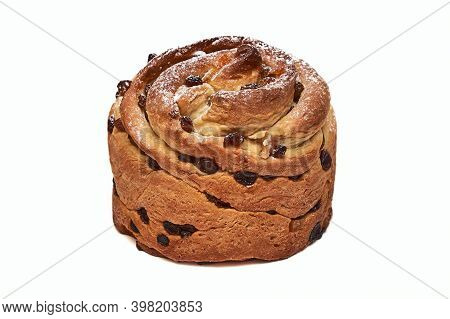 Christmas Panettone With Raisins, Sprinkled With Powdered Sugar. Craffin Isolated On White Backgroun
