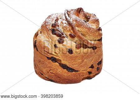 Christmas Panettone With Raisins, Sprinkled With Powdered Sugar. Craffin Isolated On White Backgroun