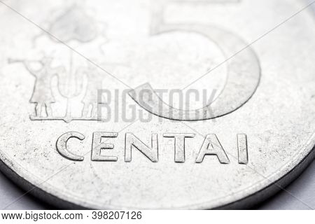 Obsolete Lithuanian 5 Cent Coin Macro Detail With Centai Word. Lithuanian 5 Cent Coin Macro View. Eu