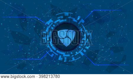 Nem Xem Token Symbol In A Digital Circle On Polygonal Blue Background. Cryptocurrency Coin Icon. Dig