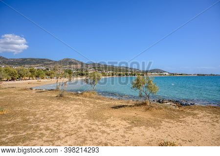 Paros, Greece - September 27, 2020: Piso Aliki Beach Paros, A Sandy Beach With Turquoise Waters Near