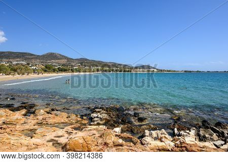 Paros, Greece - September 27, 2020: Piso Aliki Beach Paros, A Sandy Beach With Turquoise Waters Near
