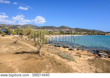 Paros, Greece - September 27, 2020: Piso Aliki Beach Paros, A Sandy Beach With Turquoise Waters Near