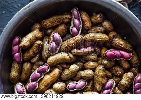 Close Up Of Boiled Peanuts Or Groundnuts, Macro Shot Of Peanuts In A Steel Bowl. Fresh Ingredients, 