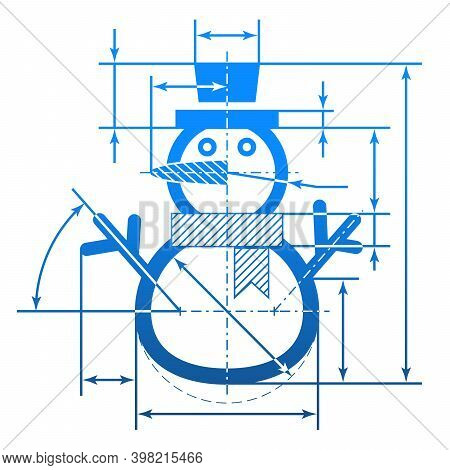 Christmas Snowman Symbol With Dimension Lines. Element Of Blueprint Drawing In Shape Of Winter Snowp