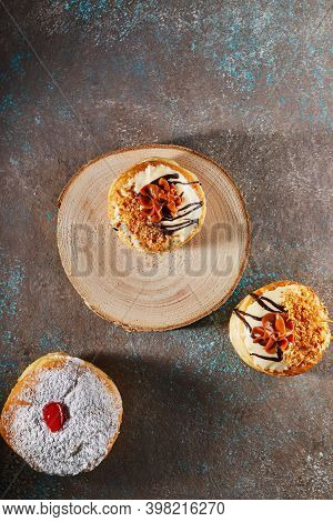 Happy Hanukkah And Hanukkah Sameach Is A Traditional Jewish Donuts With Dulce De Leche, Chocolate An