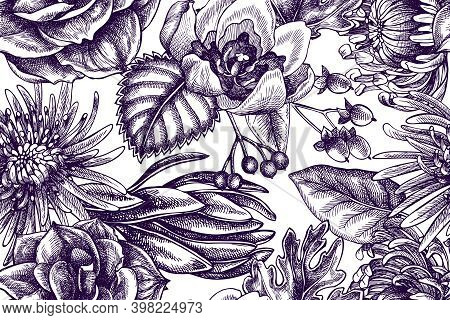 Artistic Seamless Pattern With Viburnum, Hypericum, Tulip, Aster, Leucadendron Amaryllis Stock Illus