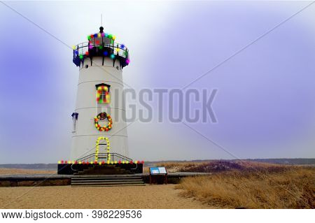 Edgartown Lighthouse On Martha's Vineyard Decorated For Christmas