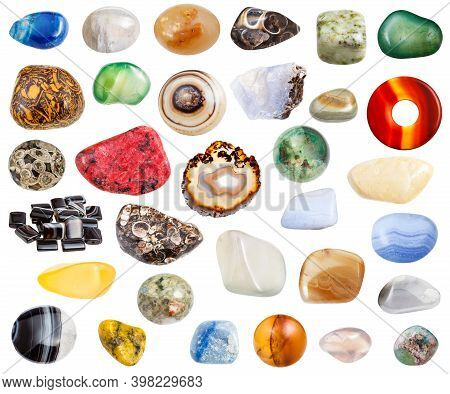 Collage From Various Agate Natural Mineral Gem Stones Isolated On White Background