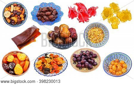 Collage From Various Sweet Dried Fruits Isolated On White Background