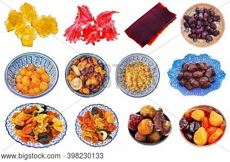Collection Of Various Sweet Dried Fruits Isolated On White Background