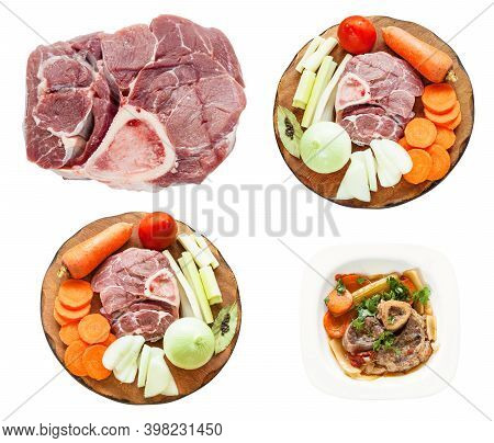 Set Of Italian Dish Ossobuco And Its Ingredients Isolated On White Background