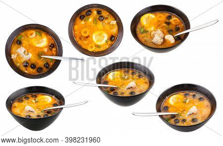 Set Of Bowls With Solyanka Russian Traditional Fat Fish Soup Isolated On White Background