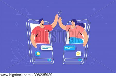 Video Call Or Mobile Chat Conversation. Concept Vector Illustration Of Two Friends Giving A High-fiv