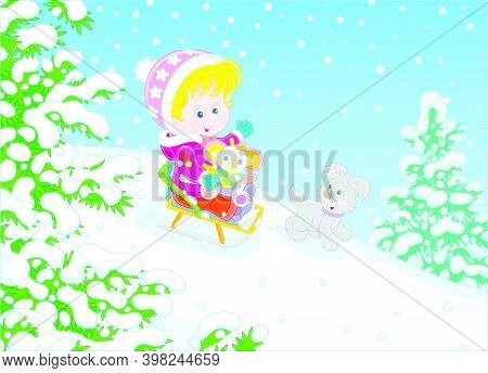 Happy Little Girl And Her Merry Small Puppy Cheerfully Sledding Down A Snow Hill On A Playground In 