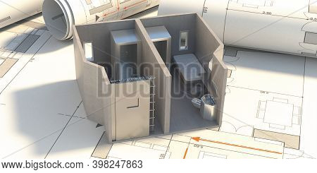 Jail Cell Supermax Security Room On Blueprint Background. 3D Illustration