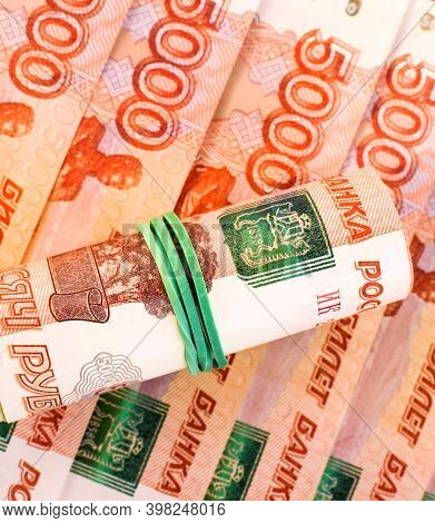 Money Background In Red. Russian Currency. Banknote 5000 Rubles. Financial Crisis, Ruble Devaluation