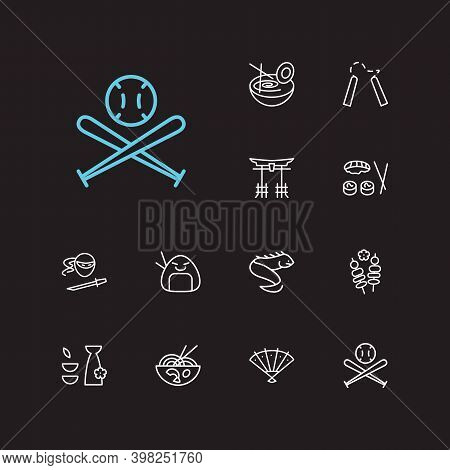 Oriental Icons Set. Tori Gate And Oriental Icons With Ramen, Ninja And Yakitori. Set Of Accessory Fo