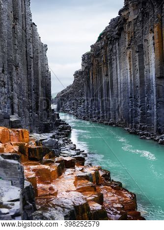 Studlagil Basalt Canyon In Iceland. Most Famous And Popular Place In Iceland. River In Canyon. Natur