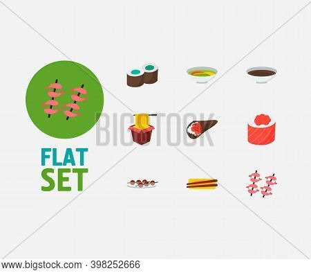 Nutrition Icons Set. Temaki And Nutrition Icons With Soy, Hawker And Shrimp. Set Of Chopsticks For W