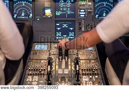 Gdansk, Poland - December 06, 2020: Illuminated Cockpit Of Flight Simulator For The Training Of The