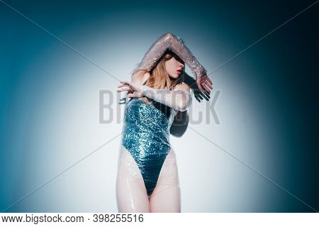 Stop Violence. Woman Abuse. Self Isolation. Art Portrait Of Scared Insecure Lady Wrapped In Transpar