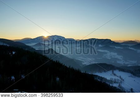 The Sun Can Be Seen For The Last Time: Idyllic Sunset In The Mountains / Mount Schneeberg / Hohe Wan