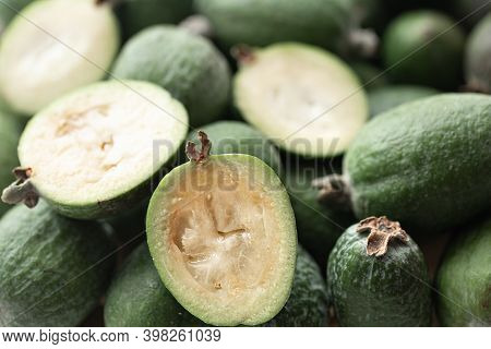 Feijoa Selloana Is A Fruit Crop From Tropical Regions. Organic Healthy Food Concept, Eco Friendly Na