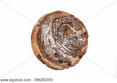 Christmas Panettone With Raisins, Sprinkled With Powdered Sugar. Craffin Isolated On White Backgroun