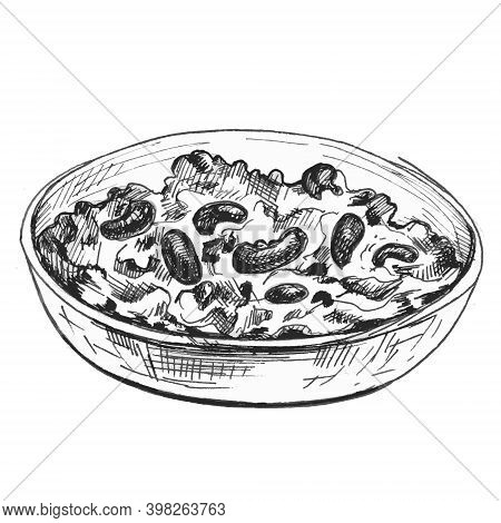 Chili Con Carne In Bowl - Mexican Traditional Food. Vector Monochrome Vintage Hatching Color Illustr