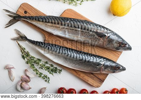 Whole Mackerel With Ingredients On White Textured Background, Flat Lay