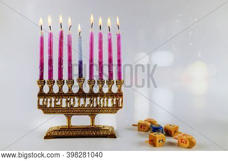 Jewish Lights Holiday Of Chanukah A Burning Menorah Symbol Of Judaism Traditional Jewish Holiday