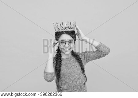 Smartest Princess. Long Awaited Reward. Little Smart Girl Wear Eyeglasses. Clever Child. Princess Co