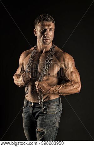 Fight For Fitness. Fit Man With Metal Chain Black Background. Athletic Guy With Muscular Torso. Sexy