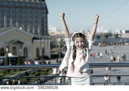 Girl Little Tourist Kid Explore City Using Audio Guide Application. Free Style Of Travelling. Exciti