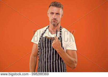Barbershop Style Starts Here. Barber Hold Razor Orange Background. Bearded Man Shave In Barbershop. 