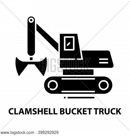Clamshell Bucket Truck Icon, Black Vector Sign With Editable Strokes, Concept Illustration