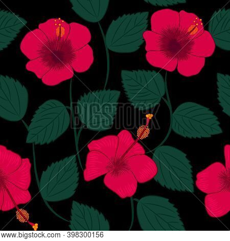 Seamless Pattern With Exotic Hawaiian Tropical Hibiscus Flower And Leaves. Vector Botanical Summer P