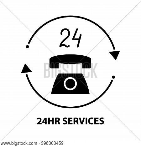 24hr Services Icon, Black Vector Sign With Editable Strokes, Concept Illustration