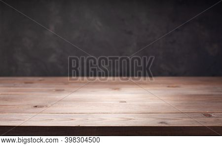 wooden plank board table and wall background, front low angle view