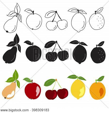 Fruit Drawn Icons Vector Set. Illustration Of Colored And Monochrome Fruits For Design Farm Product,