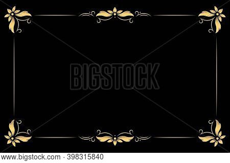 Goldren Vintage Frame Border On Black Background. Retro Floral Ornament Pattern Vector Illustration.