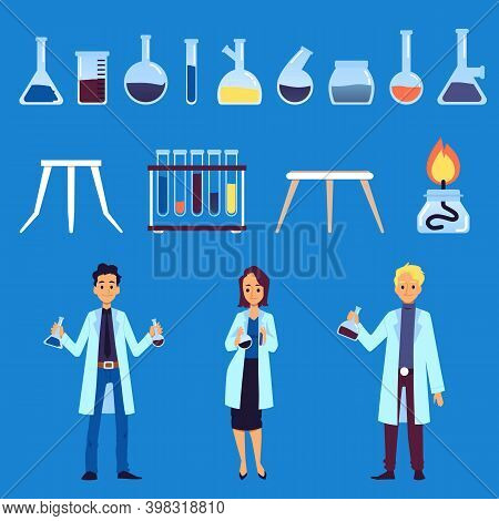 Vector Illustration Of Equipment And Characters In Chemistry Laboratory