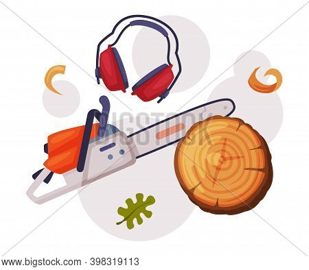Electric Saw With Toothed Blade And Crosscut Timber Section As Wood Chopping Implement Vector Compos